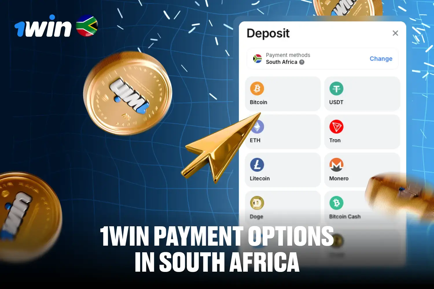 Logos of various payment methods supported by 1win including Visa and Crypto