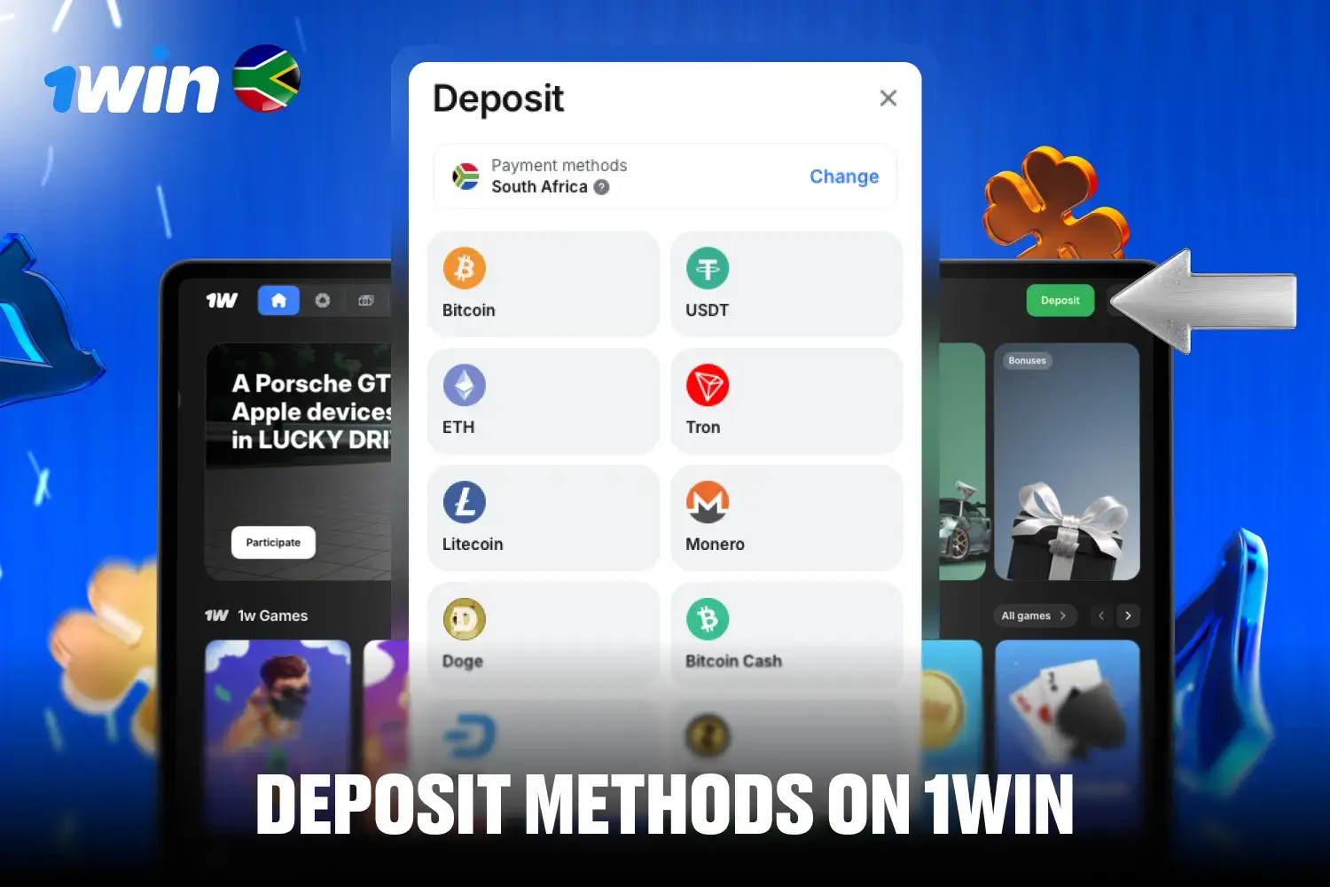Deposit options including instant EFT, cards, and digital wallets